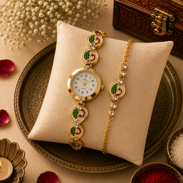 Kashmiri Elegance Peacock Watch & Rakhi