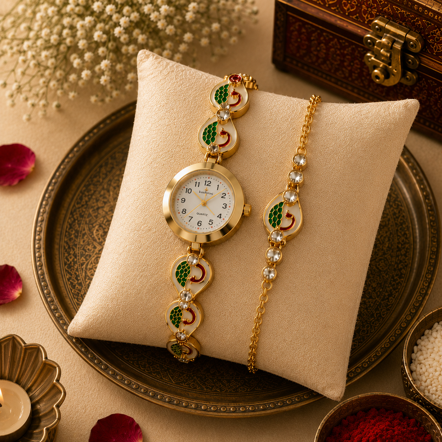 Kashmiri Elegance Peacock Watch & Rakhi