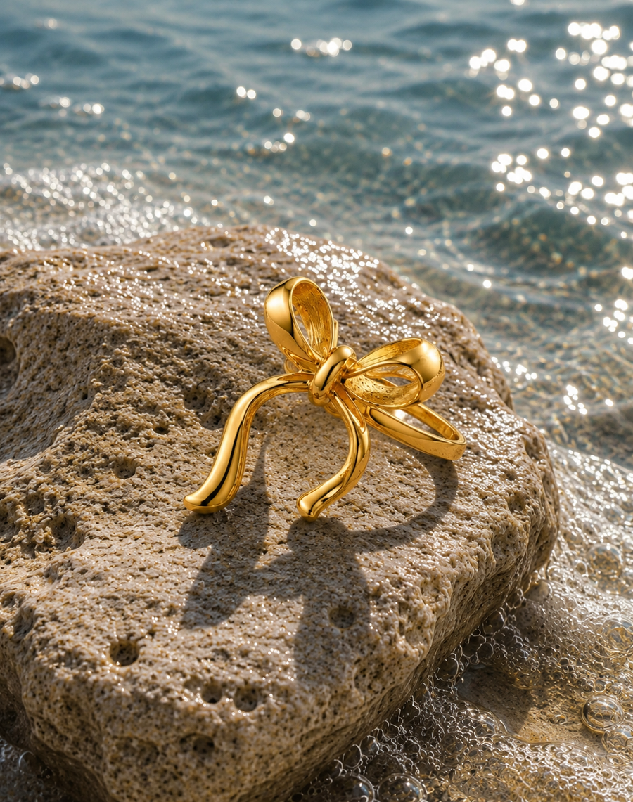 Anti Tarnish Gold Bow Drop Ring