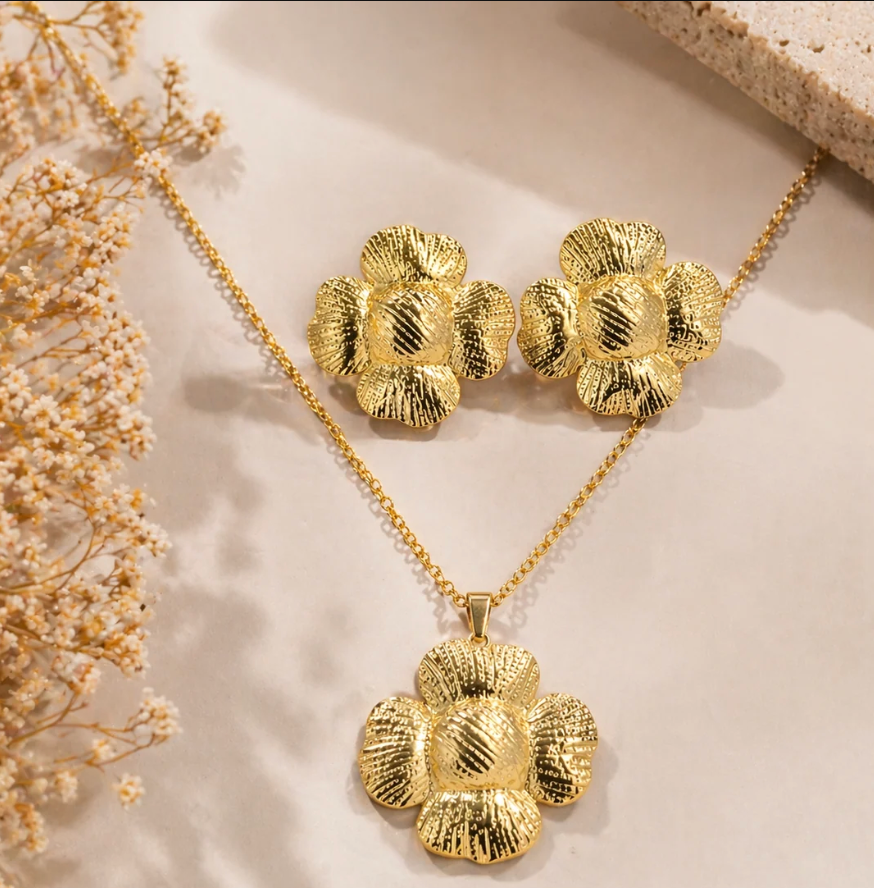 Golden Textured Bloom Necklace & Earrings Set | Anti Tarnish | Gold