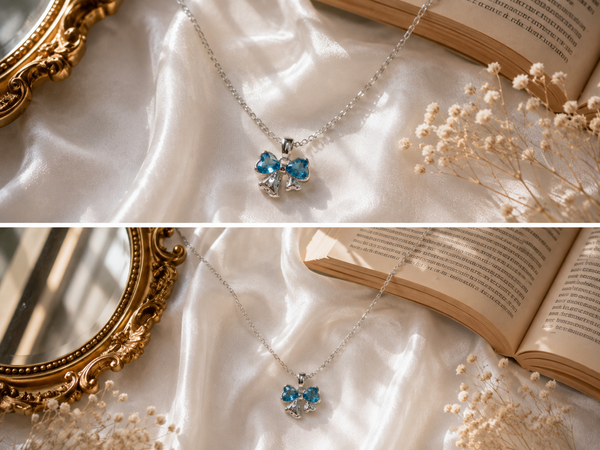 Pink Crystal Bow Necklace - Blue
