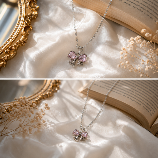 Pink Crystal Bow Necklace